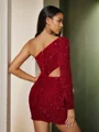 Sheath One-Shoulder Long Sleeves Short/Mini Velvet Sequins Dress