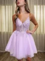 A-line V-neck Appliques Lace Short/Mini Tulle Corset Dress