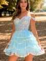 A-line Off-the-Shoulder Cascading Ruffles Short/Mini Tulle Corset Dress