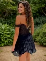 A-line Off-the-Shoulder Cascading Ruffles Short/Mini Tulle Corset Dress