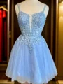 A-line V-neck Appliques Lace Short/Mini Tulle Corset Dress