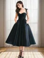 A-line Sweetheart Ruffles Tea-Length Satin Dress