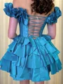A-line Off-the-Shoulder Cascading Ruffles Short/Mini Taffeta Corset Dress
