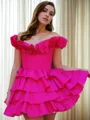 A-line Off-the-Shoulder Cascading Ruffles Short/Mini Taffeta Corset Dress