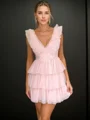 A-line V-neck Cascading Ruffles Short/Mini Tulle Dress