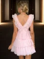 A-line V-neck Cascading Ruffles Short/Mini Tulle Dress