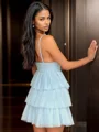 A-line V-neck Cascading Ruffles Short/Mini Tulle Dress