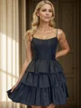 A-line Spaghetti Straps Cascading Ruffles Short/Mini Taffeta Corset Dress