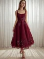 A-line Square Ruffles Tea-Length Tulle Dress