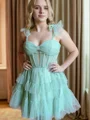 A-line Sweetheart Cascading Ruffles Short/Mini Tulle Corset Dress