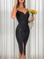 Sheath Spaghetti Straps Sequin Tea-Length Dress