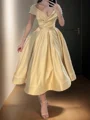 A-line V-neck Pleated Tea-Length Silk Like Satin Corset Dress
