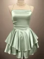 A-line Spaghetti Straps Cascading Ruffles Short/Mini Silk Like Satin Dress
