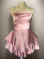 A-line Spaghetti Straps Cascading Ruffles Short/Mini Silk Like Satin Dress