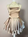 A-line Spaghetti Straps Cascading Ruffles Short/Mini Silk Like Satin Dress