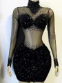 Sheath High Neck Long Sleeves Rhinestone Short/Mini Velvet Sequins Dress