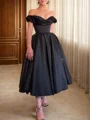 A-line Off-the-Shoulder Pleated Ankle-Length Satin Corset Dress