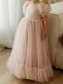 A-line Square Short Sleeves Bowknot Floor-Length Tulle Flower Girl Dress