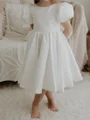 A-line Scoop Short Sleeves Bowknot Knee-Length Taffeta Flower Girl Dress