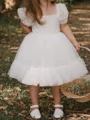 A-line Square Short Sleeves Bowknot Knee-Length Tulle Flower Girl Dress