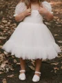 A-line Square Short Sleeves Bowknot Knee-Length Tulle Flower Girl Dress