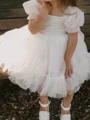 A-line Square Short Sleeves Bowknot Knee-Length Tulle Flower Girl Dress