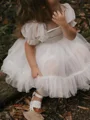 A-line Square Short Sleeves Bowknot Knee-Length Tulle Flower Girl Dress