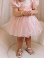 A-line Square Short Sleeves Bowknot Knee-Length Tulle Flower Girl Dress