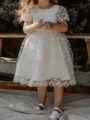 A-line Scoop Short Sleeves Bowknot Knee-Length Lace Flower Girl Dress