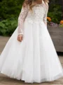 A-line Scoop Long Sleeves Lace Floor-Length Tulle Flower Girl Dress