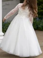 A-line Scoop Long Sleeves Lace Floor-Length Tulle Flower Girl Dress