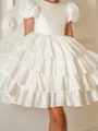 A-line Scoop Short Sleeves Bowknot Knee-Length Taffeta Flower Girl Dress
