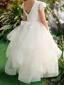 A-line Scoop Short Sleeves Beading Floor-Length Tulle Flower Girl Dress