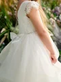 A-line Scoop Short Sleeves Beading Floor-Length Tulle Flower Girl Dress