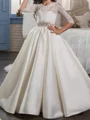 A-line Scoop 1/2 Sleeves Beading Floor-Length Satin Flower Girl Dress