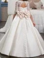 A-line Scoop 1/2 Sleeves Beading Floor-Length Satin Flower Girl Dress
