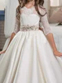 A-line Scoop 1/2 Sleeves Beading Floor-Length Satin Flower Girl Dress