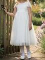 A-line Scoop Short Sleeves Lace Ankle-Length Tulle Flower Girl Dress