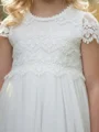 A-line Scoop Short Sleeves Lace Ankle-Length Tulle Flower Girl Dress