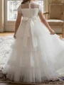 A-line High Neck Short Sleeves Beading Floor-Length Tulle Flower Girl Dress