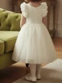 A-line V-neck Applique Tea-Length Tulle Flower Girl Dress