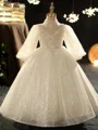 Ball-Gown High Neck Long Sleeves Applique Floor-Length Sequins Flower Girl Dress