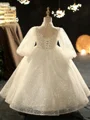 Ball-Gown High Neck Long Sleeves Applique Floor-Length Sequins Flower Girl Dress