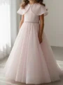 A-line Scoop Short Sleeves Beading Floor-Length Organza Flower Girl Dress
