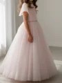 A-line Scoop Short Sleeves Beading Floor-Length Organza Flower Girl Dress