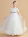 A-Line/Princess Scoop Ankle-Length Tulle Junior Bridemaid Dresses With Belt/Sash