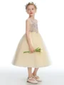 Ball Gown Scoop Tea-Length Tulle Junior Bridemaid Dresses With Flower