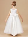 A-Line/Princess Scoop Ankle-Length Tulle Junior Bridemaid Dresses With Bow