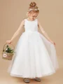 A-Line/Princess Scoop Ankle-Length Tulle Junior Bridemaid Dresses With Bow