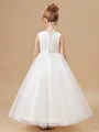 A-Line/Princess Scoop Ankle-Length Tulle Junior Bridemaid Dresses With Appliques Lace